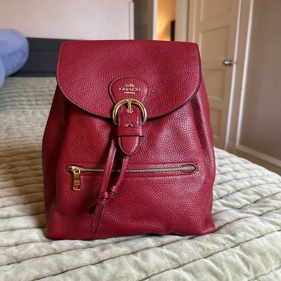 Coach Pebbled Red Leather Drawstring Backpack with Gold Hardware